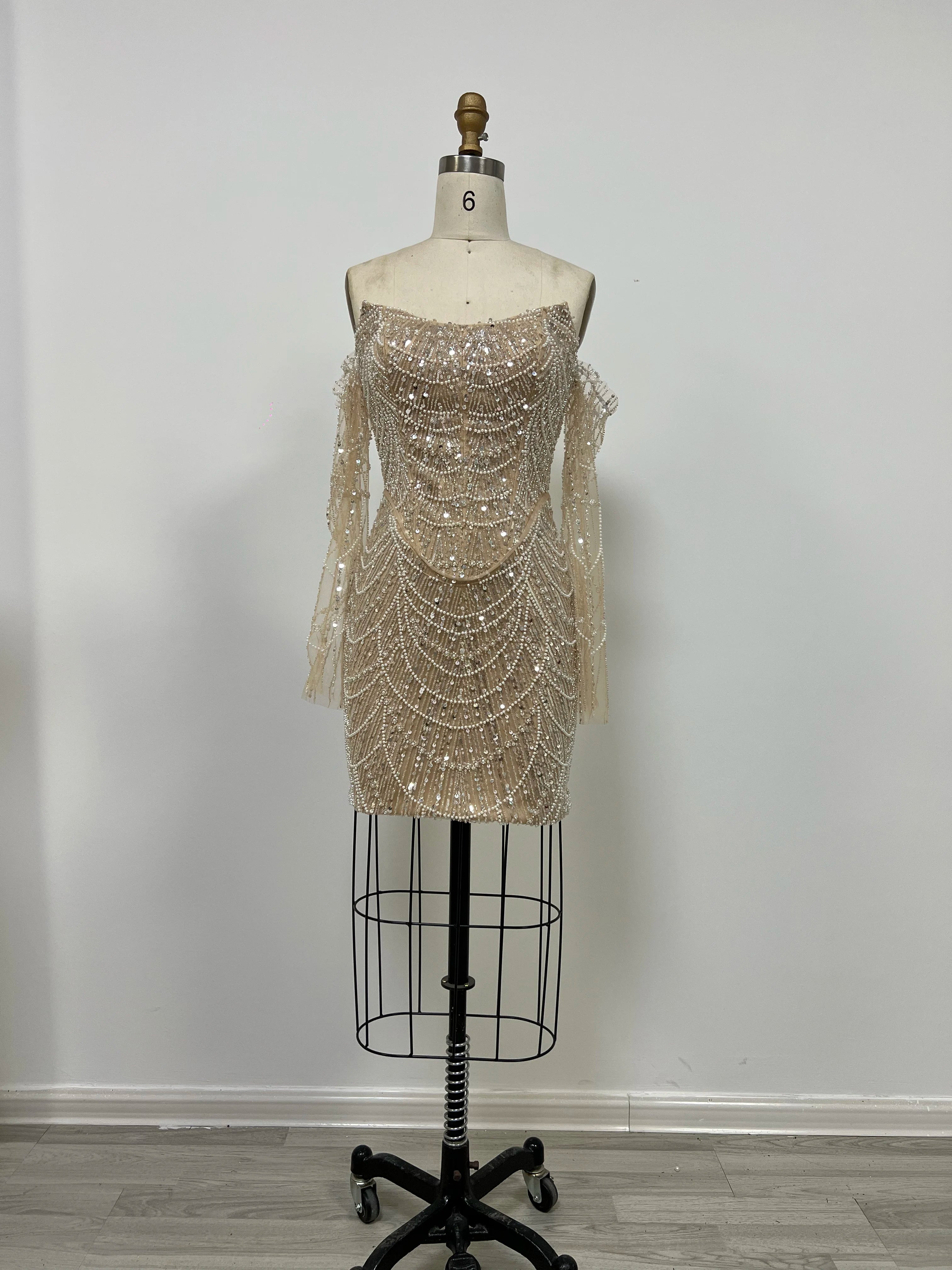 Luxury Dress Women Celebrity Party Wear Long Sleeve Beaded Evening Dresses Gowns