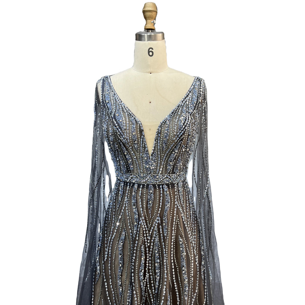 Luxury Dubai Black Arabic Evening Dress With Cape Sleeves Elegant Blue Red  Grey Women Wedding Formal Party Gown