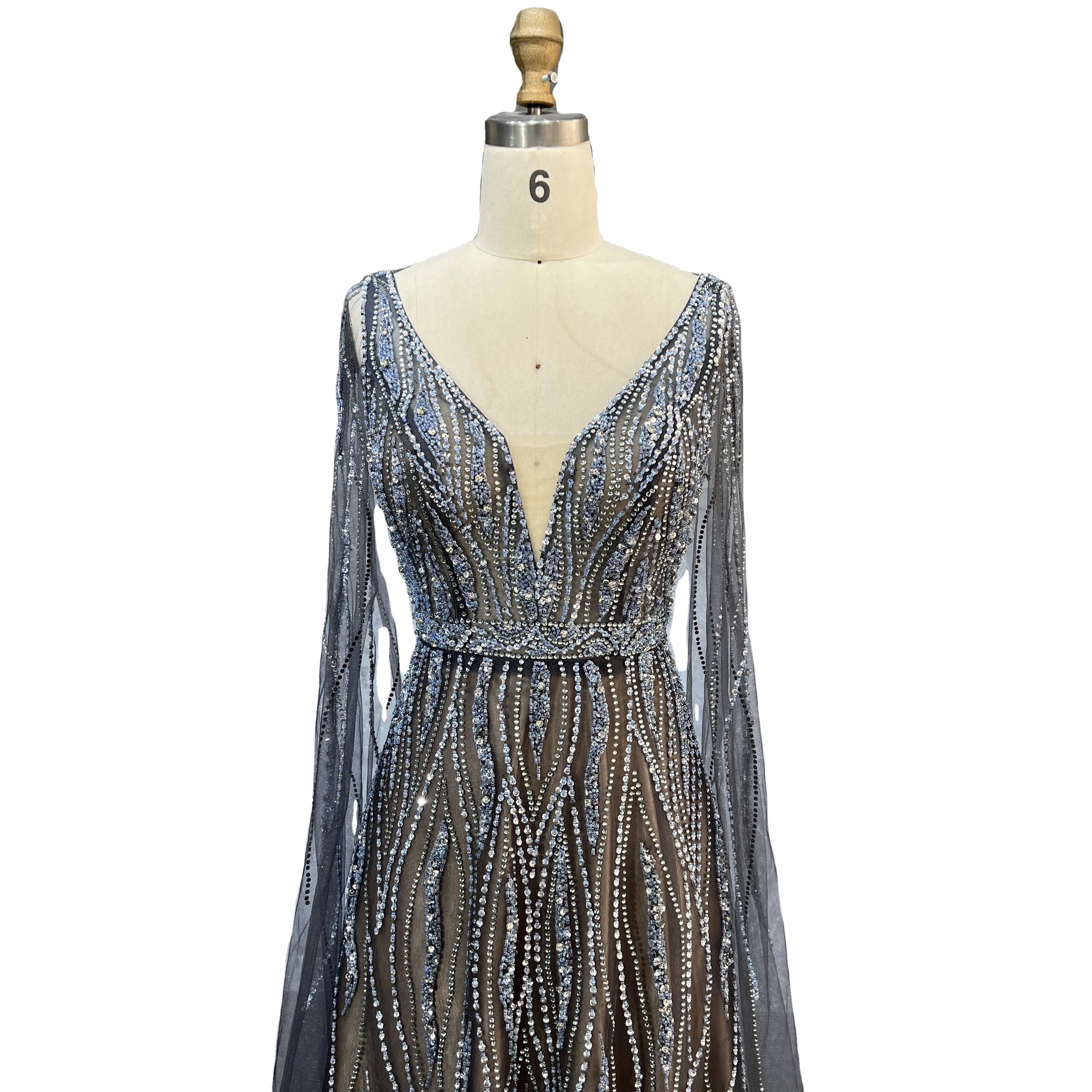 Luxury Dubai Black Arabic Evening Dress With Cape Sleeves Elegant Blue Red  Grey Women Wedding Formal Party Gown