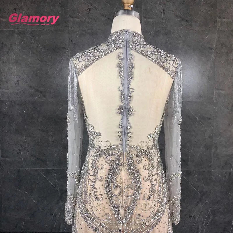 2020 New Style Luxury High Neck Long Sleeve Beading Feather Elegant Mermaid Evening Dress