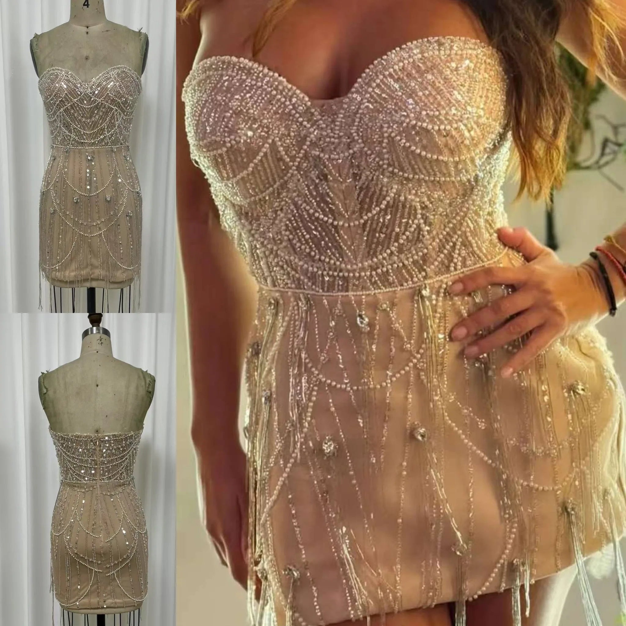 NEW Arrival Sexy Beaded Tassel Prom Dress Celebrity Party Sweetheart Mini Short Fashion Dress