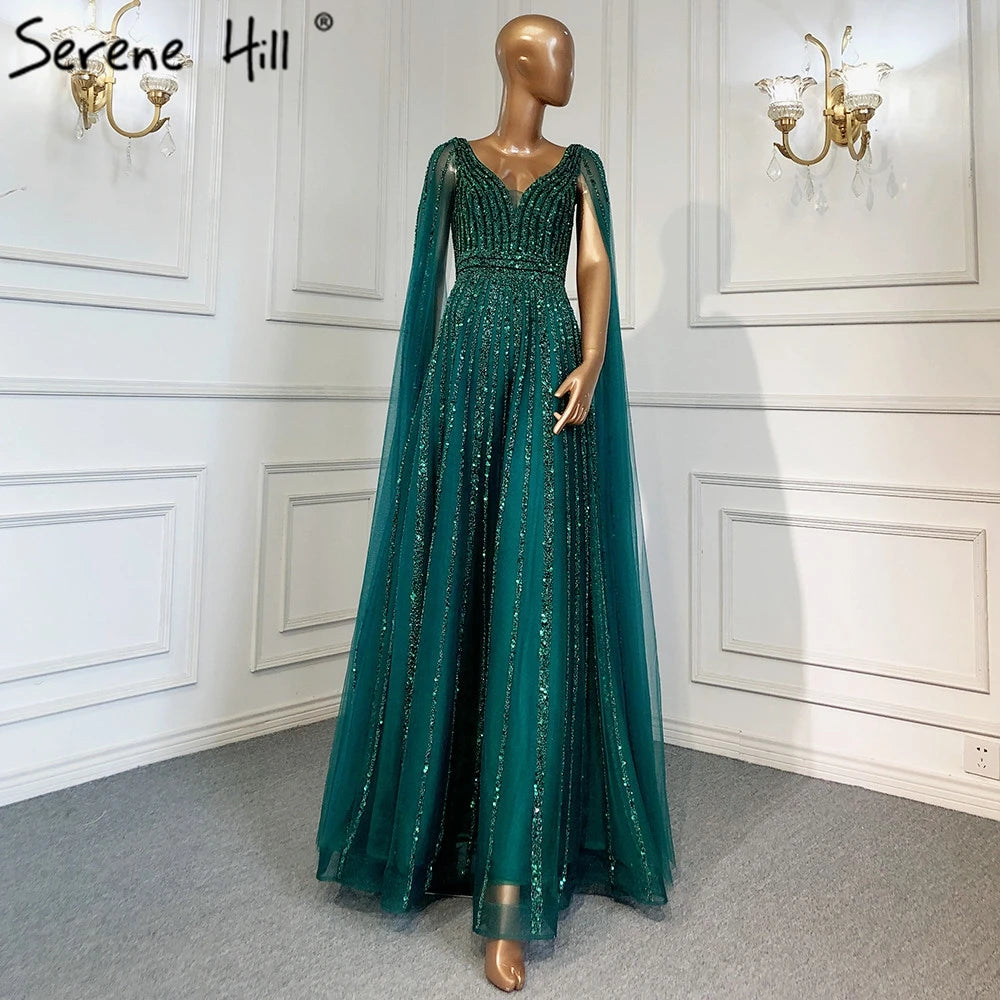 Luxury Beaded Evening A-Line Party Dress for Women Nude V-Neck Cape Sleeves Floor-Length Formal Gown Natural Waist Breathable