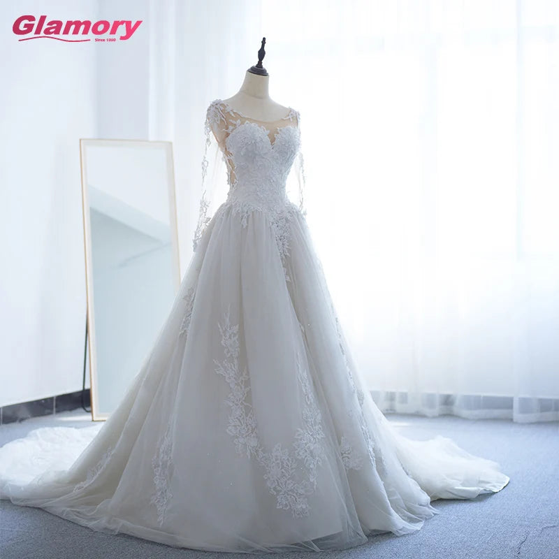 2020 New Arrival Long Sleeve Backless Floral Appliques Ball Gown Tulle Wedding Dress