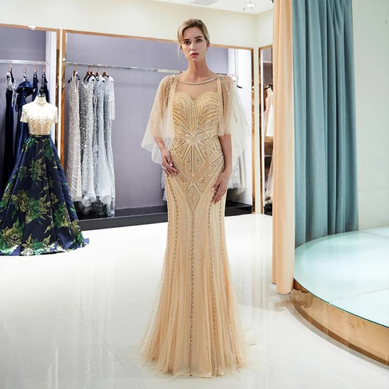 In Stock Luxury Cape Beaded Party Gown O Neckline Mermaid Evening Prom