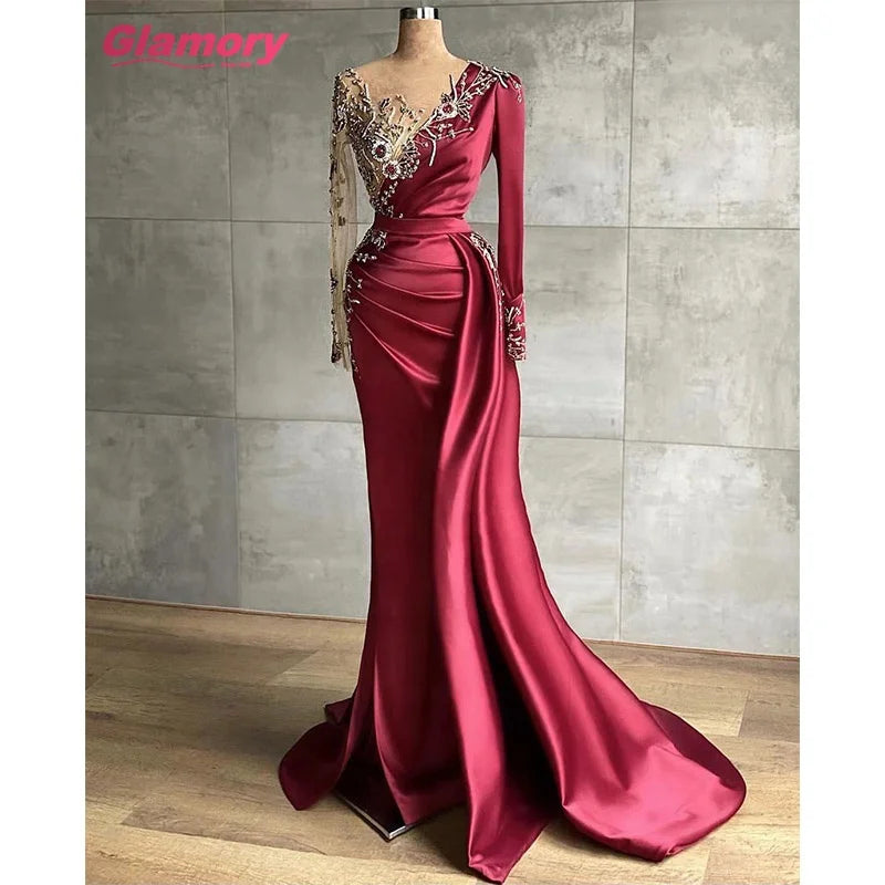 2021 Muslim New Style Long Sleeve Stain Evening Gowns Mermaid  Beading Party Wear Dresses for Women