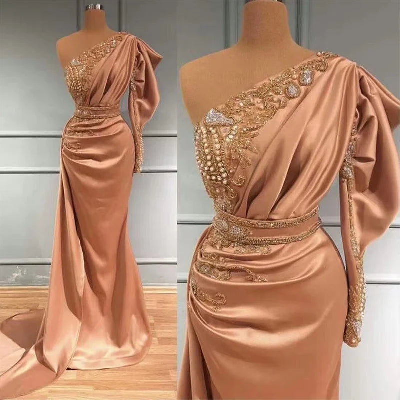New Custom Luxury Handmade Beading With Pleated One-shoulder Women Wrap Dresses Sexy Satin Evening Dresses
