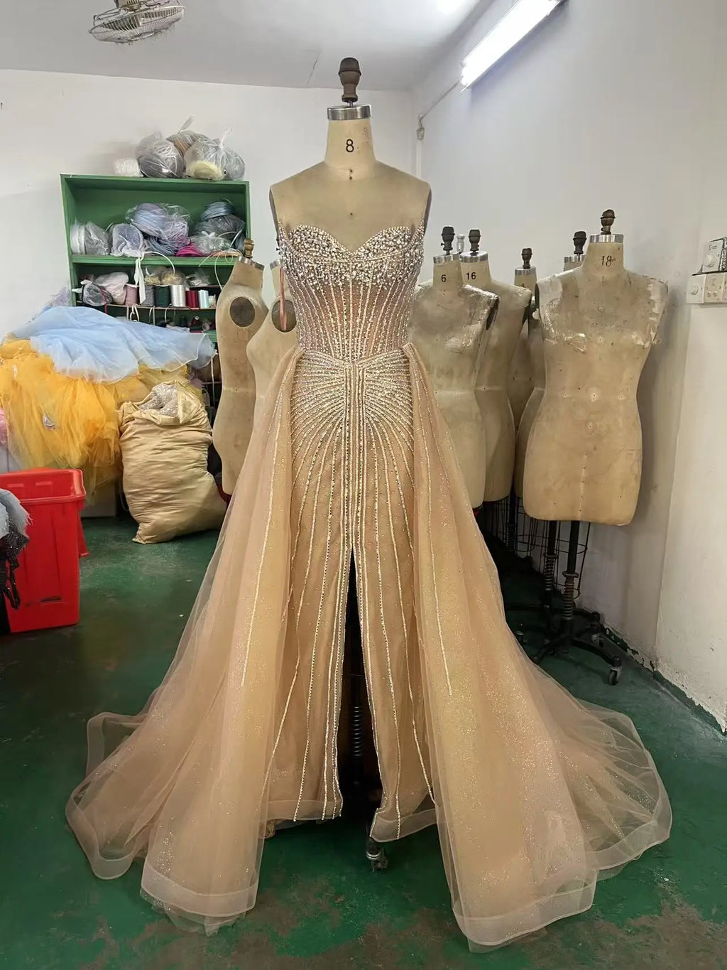 Champagne Silver Beading Overskirt High Quality Long Gown With Skirt Evening Dresses