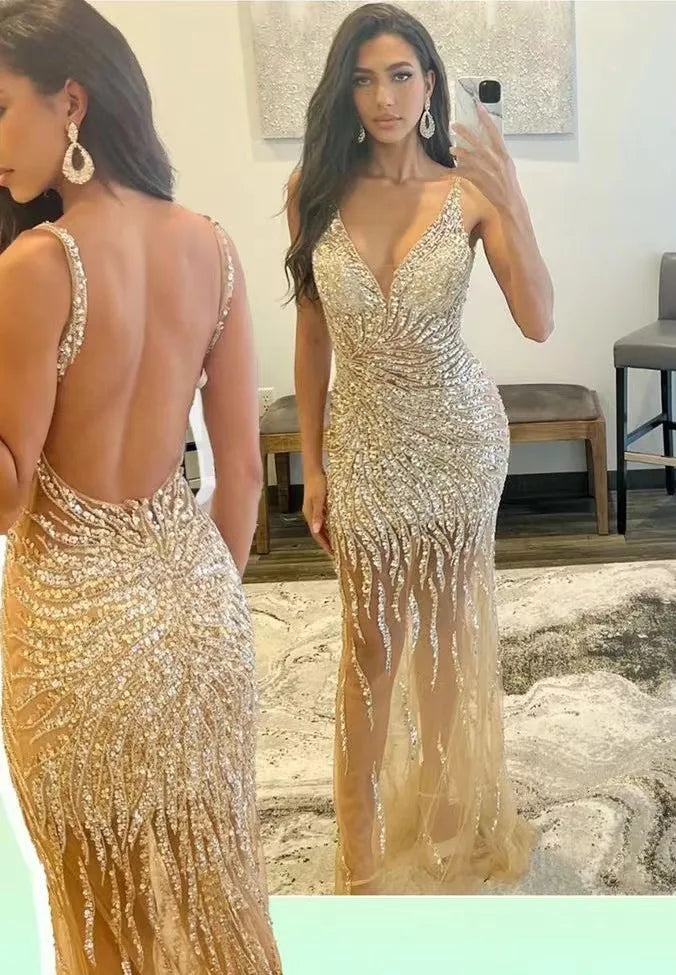 Mermaid Crystal Evening Dresses Luxury Beading Sequined Spaghetti Straps Sexy V Neck Backless Long Formal Party Prom Gowns