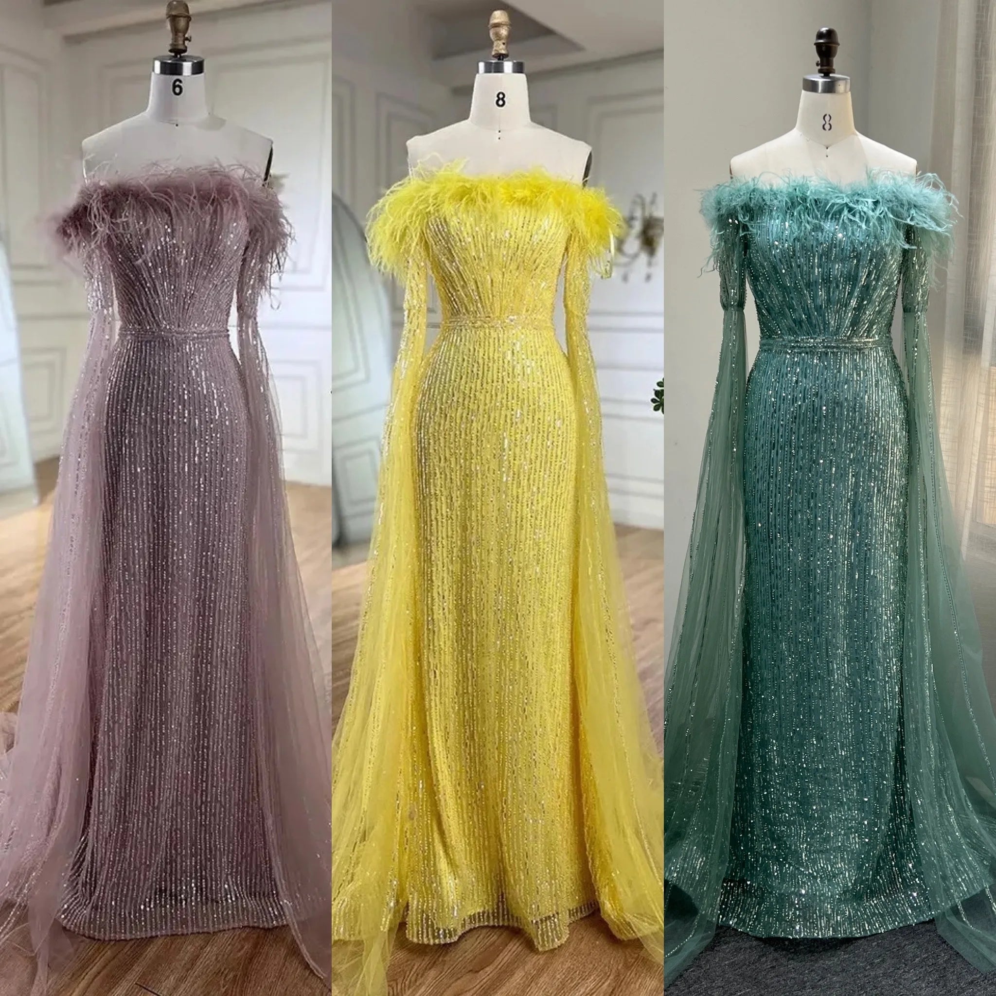 Luxury Dubai Glitter Feathers Beaded Cape Sleeves Off Shoulder Elegant Mermaid Sequins Evening Gown