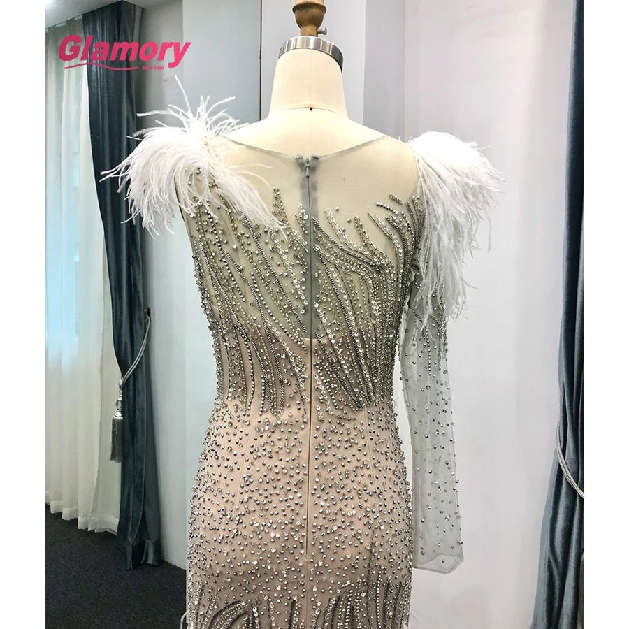 One Shoulder Tirkish Evening Champagne Muslim Prom Dress With Beaded Feather Ball Gown Dresses