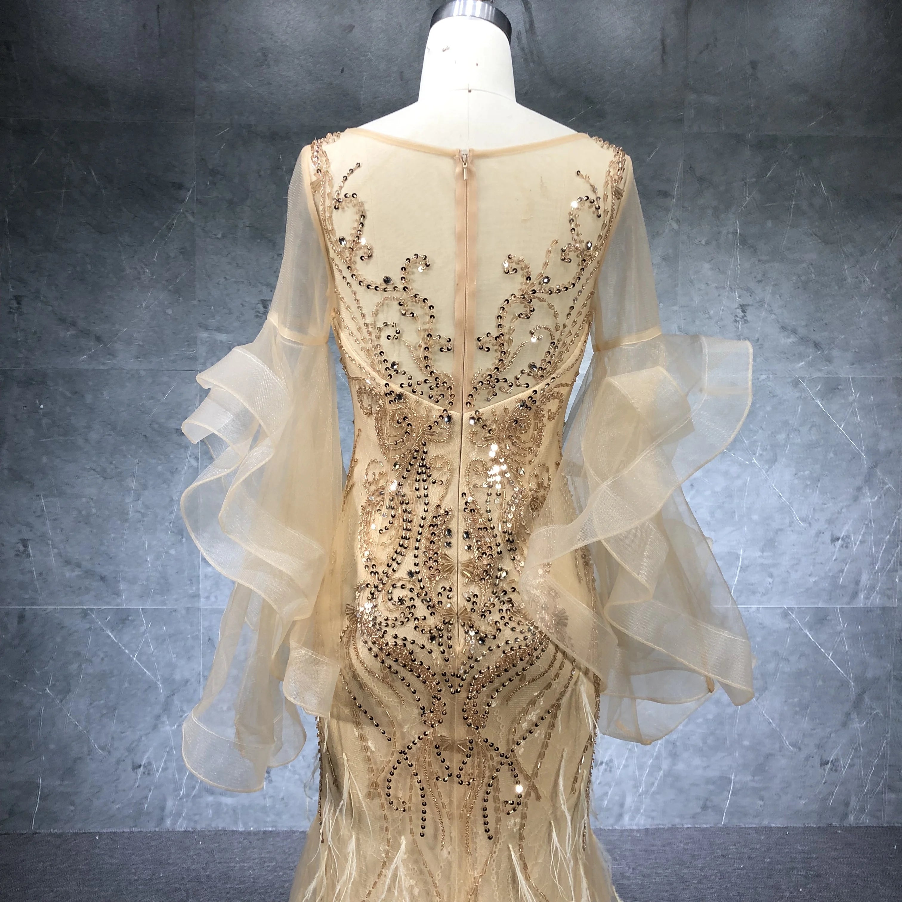 2020 New Arrival Beading Mermaid Ruffle Sleeve Evening Dresses Party Dress for Women Dress