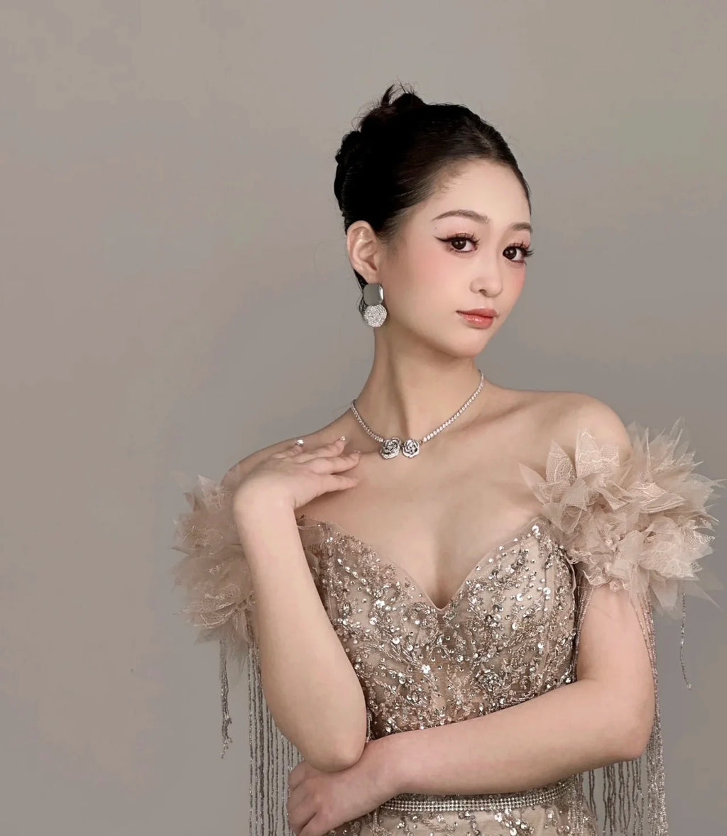 2024 NEW Arabic Dubai Nude Mermaid Luxury Evening Dresses Gowns Boat Neck Beaded Tassel for Women Wedding Party