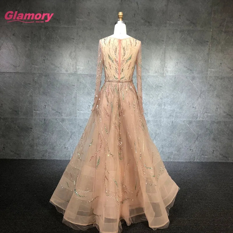 2021 New Fashion O-Neck Full Sleeve Ball Gown Colourful Beading Party Prom Dress for Women