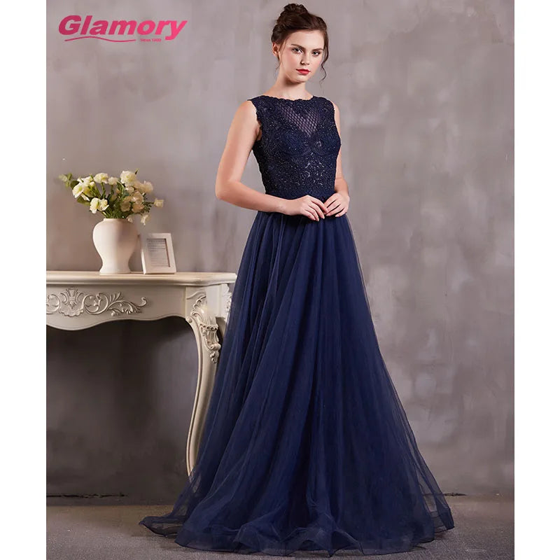 Dark Blue Long Wholesale Dresses Handmade Lace Ball Gown O-neck Floor-length Tulle Evening Dress