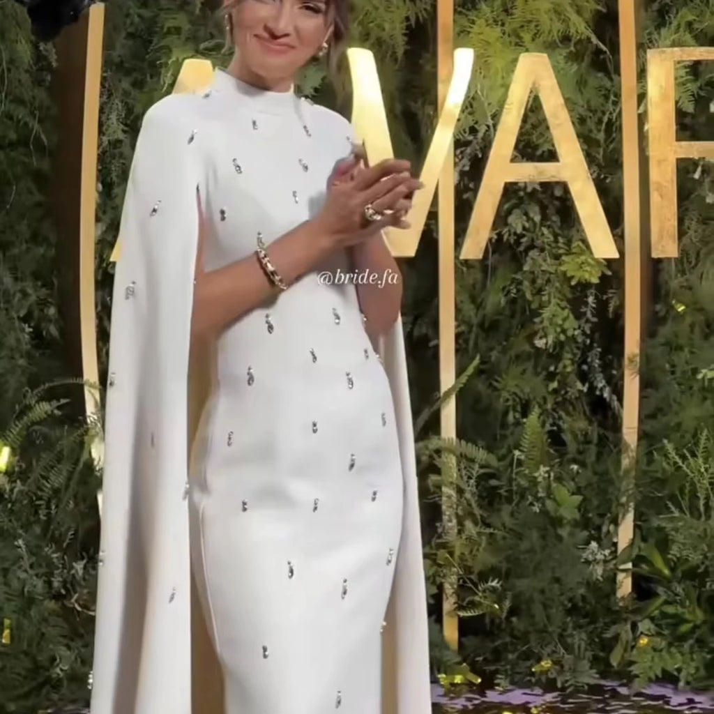 White Saudi Arabia Cape Sleeve Evening Dress Luxury Beaded Cape Dubai Women Wedding Guest Formal Party Dress