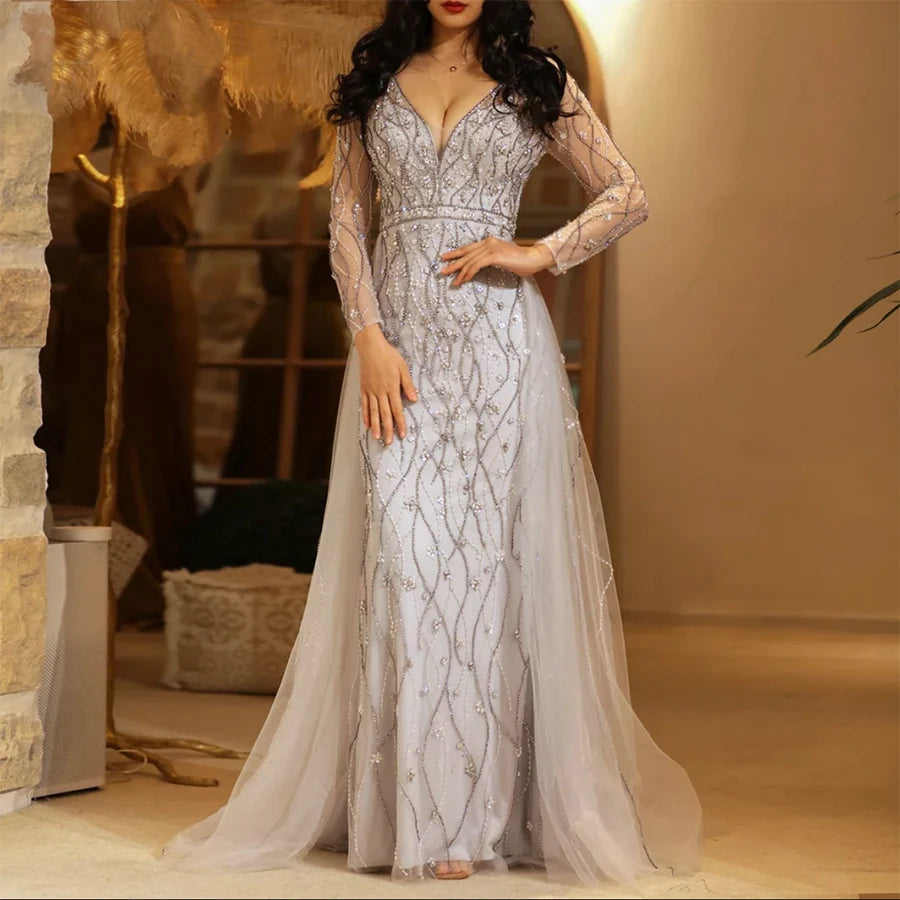 Hot Sale New Design Tulle Prom Dress Long Sleeve  Evening Dresses With Crystal Beading
