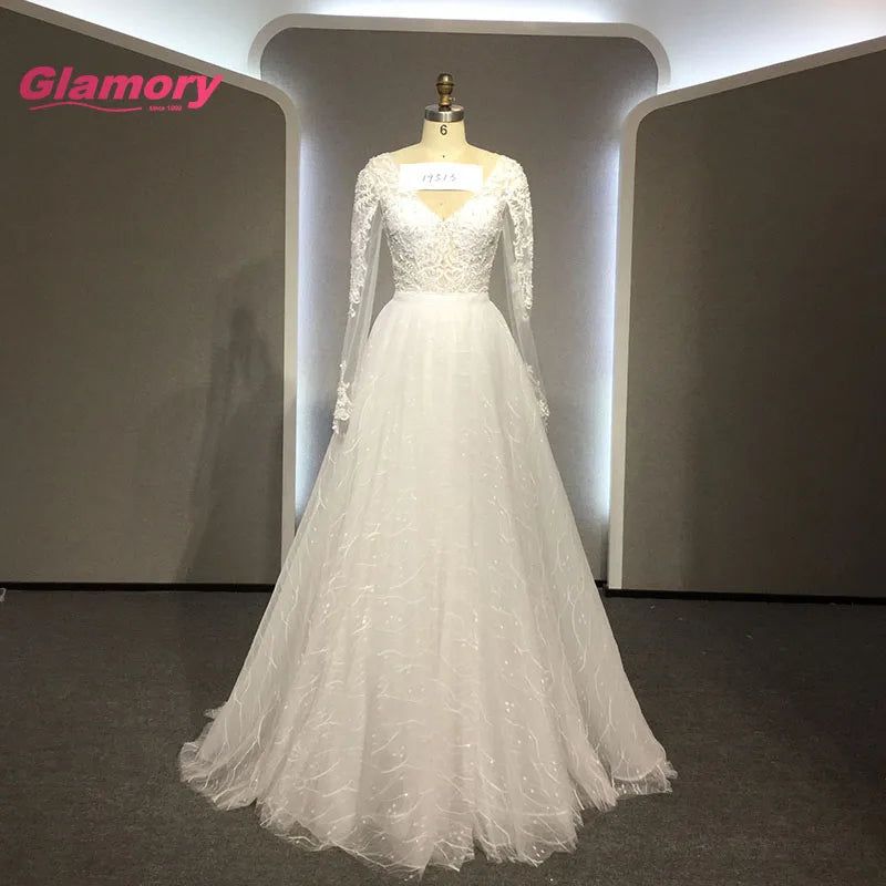 Long Sleeve Saudi Arabia Dresses V-neck Lace Beading Mermaid Wedding Dress With Detachable Train Wedding Gown