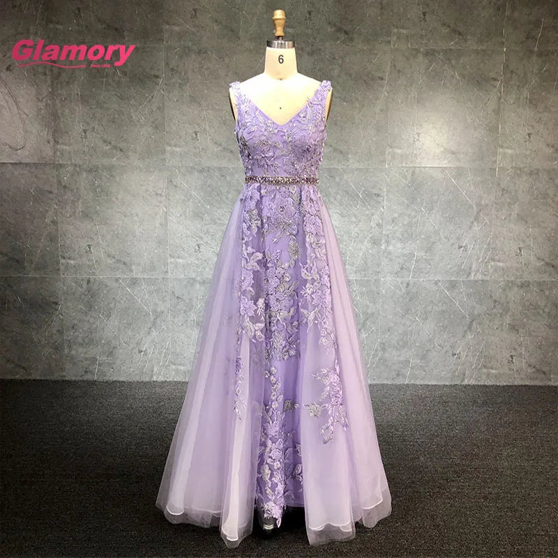Lavender V Neck Embroidered Ball Gowns Beaded Belt A-Line Ladies Evening Dress Luxury Prom Dresses for Party