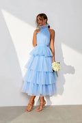Birthday Party Gown Tea Length Pleated a Line Tulle Pink Halter Bacs Pklesrom Dresses for Women