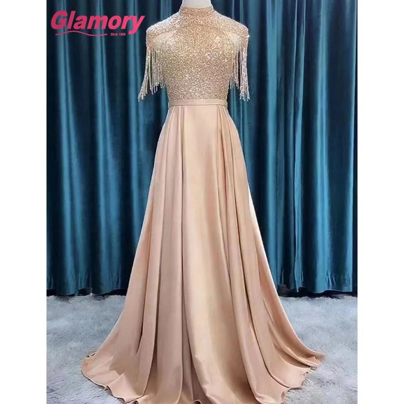 High Neckline  Dubai Style Special Gown Top Beaded Satin Party Gown