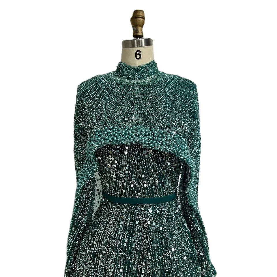 Muslim A-Line Beaded Luxury Arabic Evening Dress Gown 2025 Pearls Evening Dresses With Cape Women Wedding Party Gowns