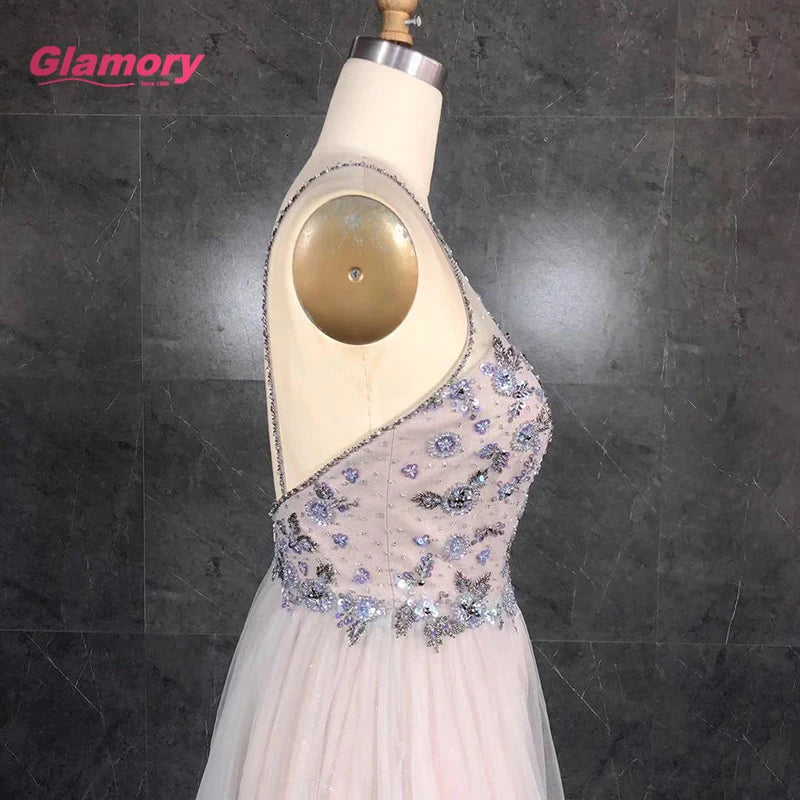 Top Selling Handmade Beading Low Back Tulle Formal Party Evening Prom Dresses for Ladies