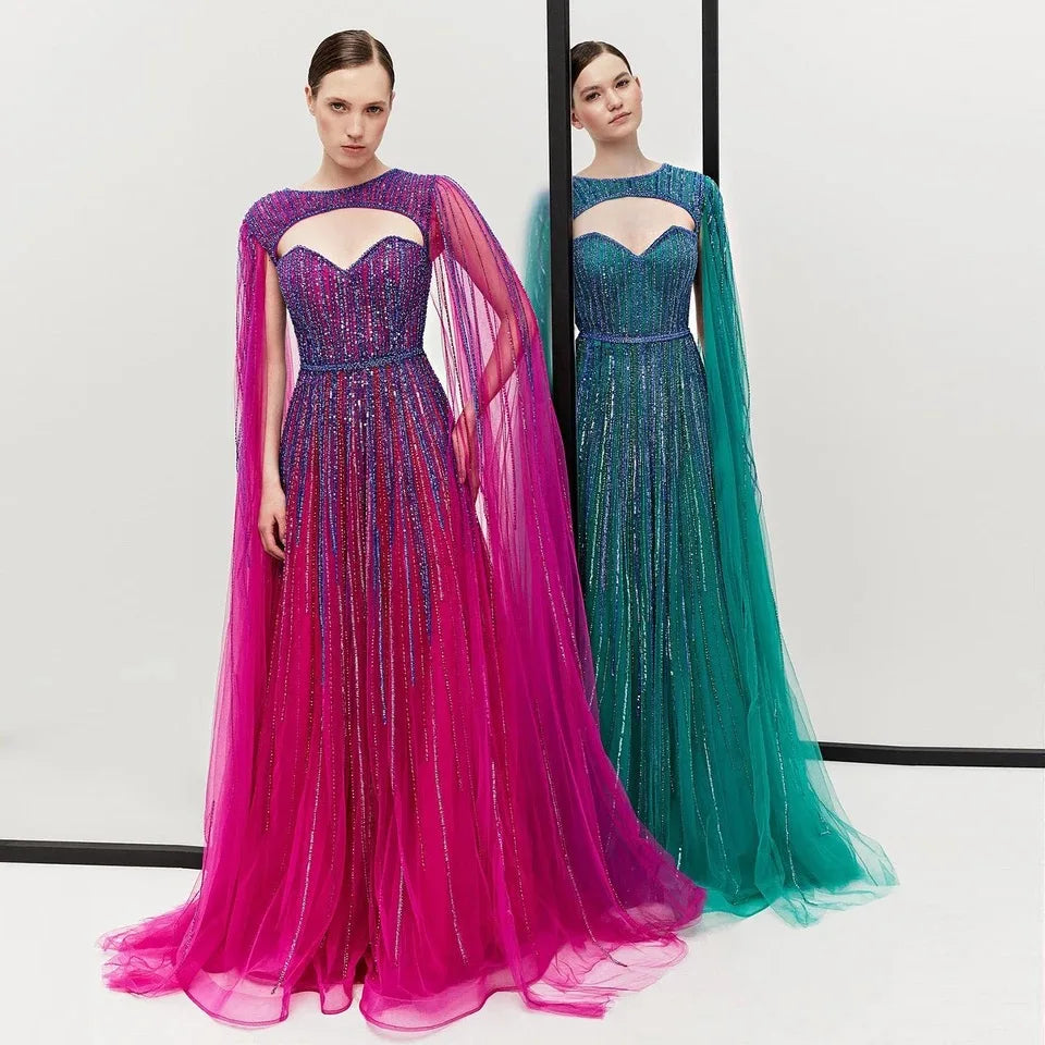 2024 Fuchsia Cape Sleeves a Line Beaded Evening Dresses Long Celebrity Gowns for Woman Wedding Party
