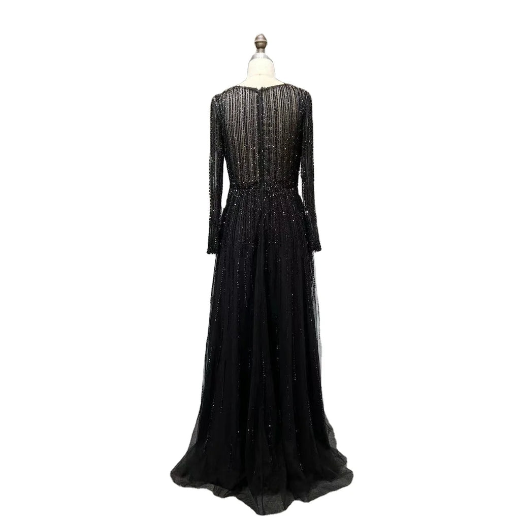 Luxury Black Dubai Arabic Designer Luxury a Line Beaded Evening Dresses Gowns for Women Wedding Party 2024