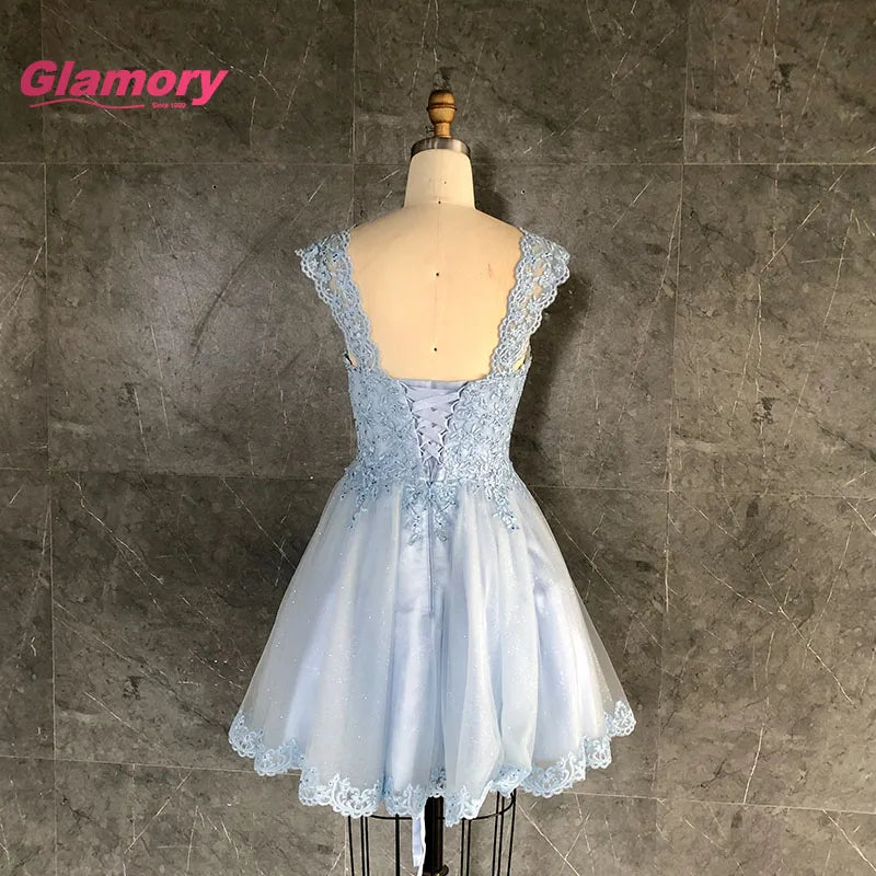 Wholesale 2020 Summer Blue Short Banquet Lace Appliqued Plus Size Beading Backless Homecoming Dress