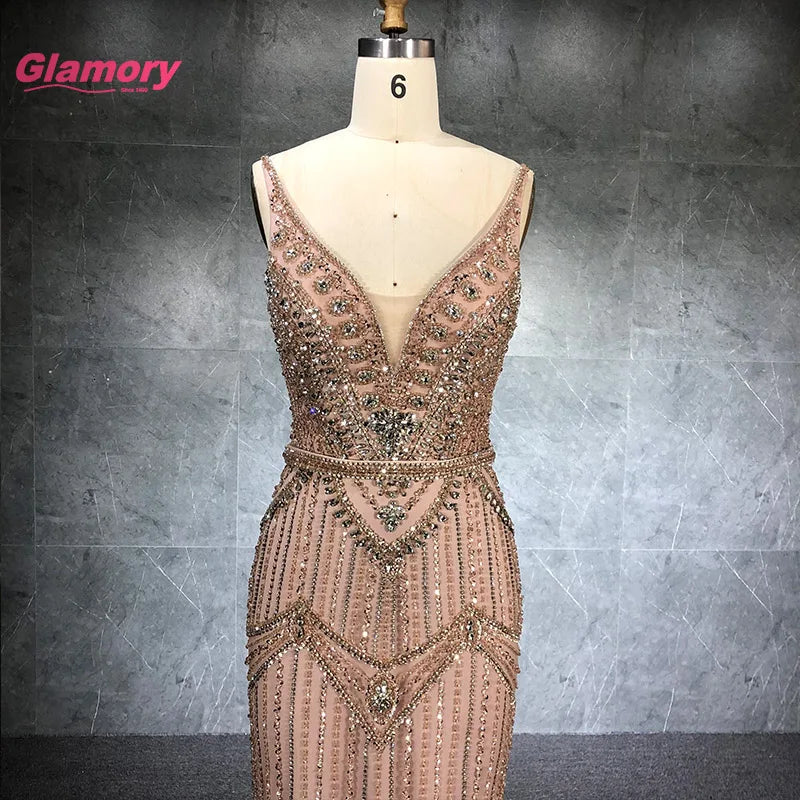 Elegant Champagne Mermaid Dress Shiny Crystal Beaded Sexy V-neck Party Evening Prom Formal Long Dresses for Women