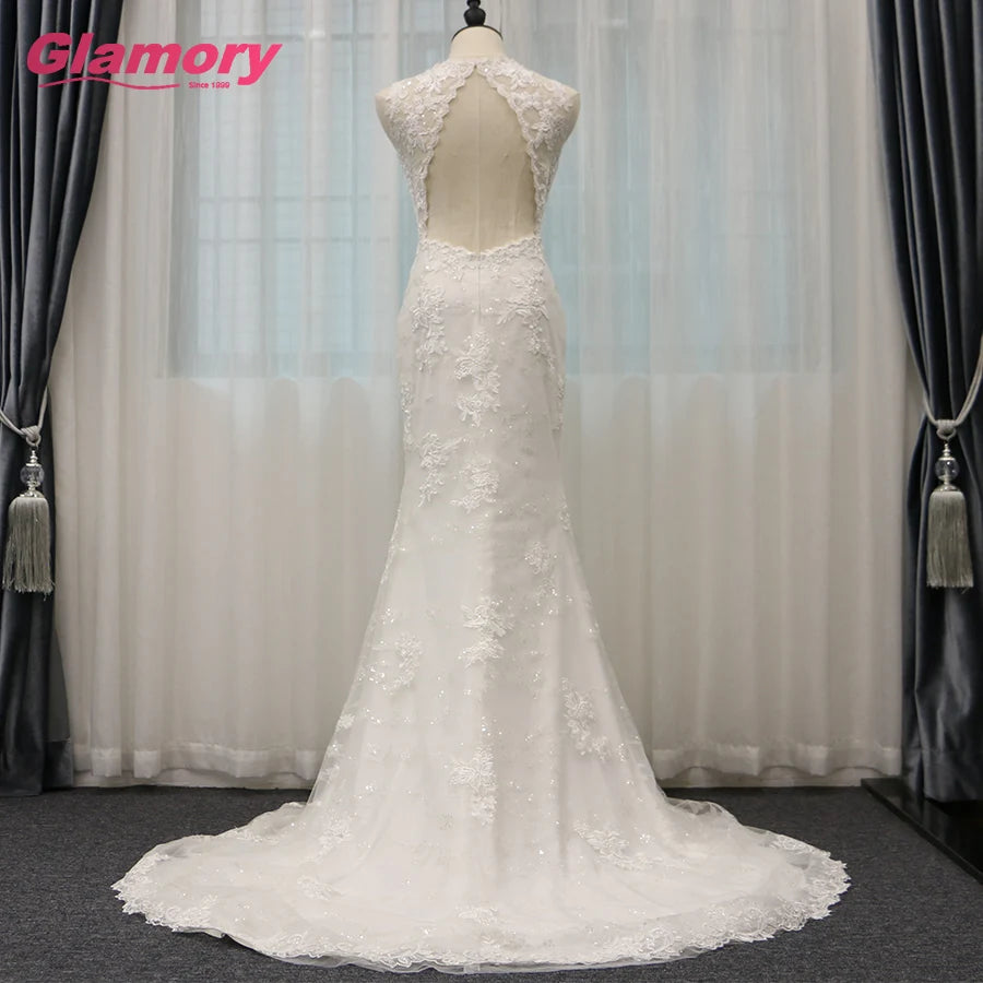 White Mermaid Vestidos De Novia Sleeveless Floor Length Beaded Dresses Lace Applique Backless Wedding Gown