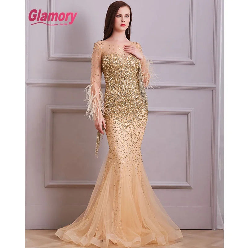 Dubai Golden Luxury Tassel Beading Evening Dress Women Party Dresses With Feathers