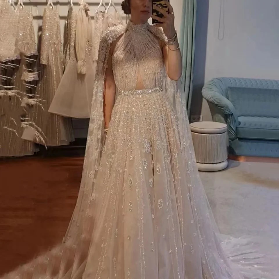 2023 Luxury Dubai Evening Dress With Cape Sleeve Elegant Long Arabic Formal Dresses for Women Wedding Party