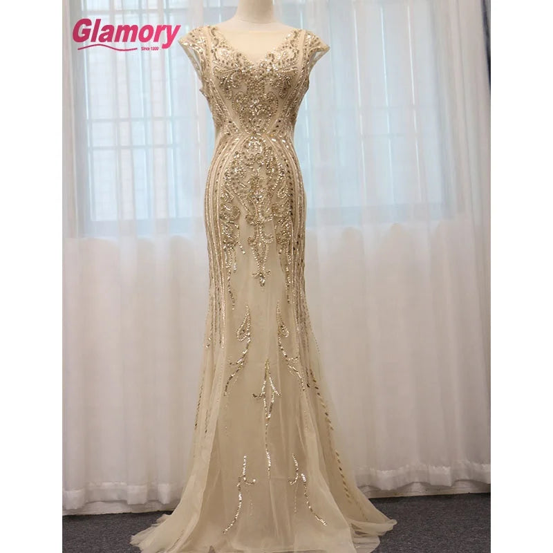 Gold  CapSleeve Party Evening Dress  Luxury Beaded Dress  Gowns for Women
