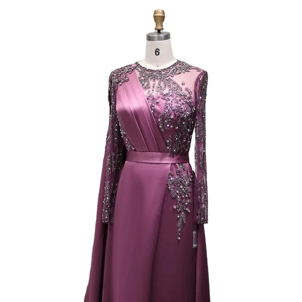 2024 New Arrival Muslim Satin Evening Dresses Purple Formal Party Evening Dresses for Women Luxurious