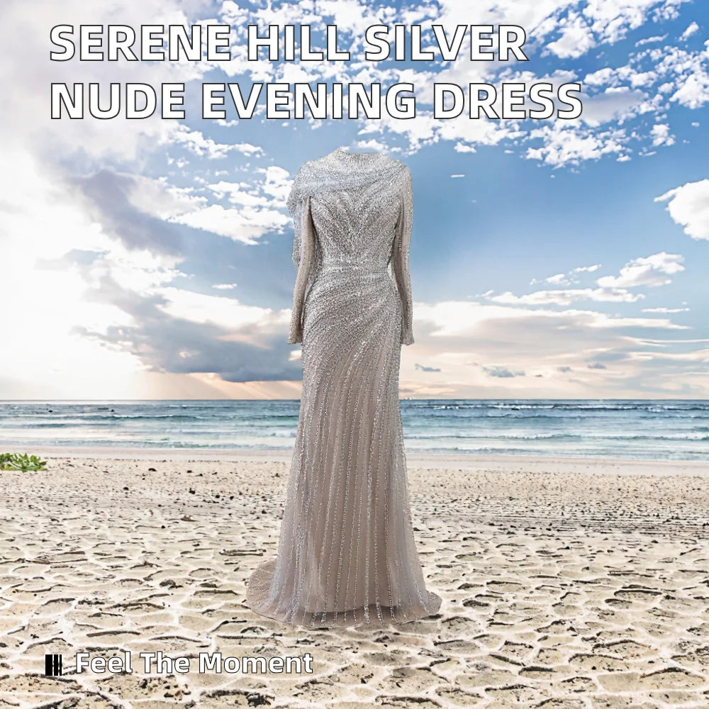 Silver Nude Beaded Mermaid Party Gown for Women Muslim Long Sleeves Full Coverage Evening Floor-Length