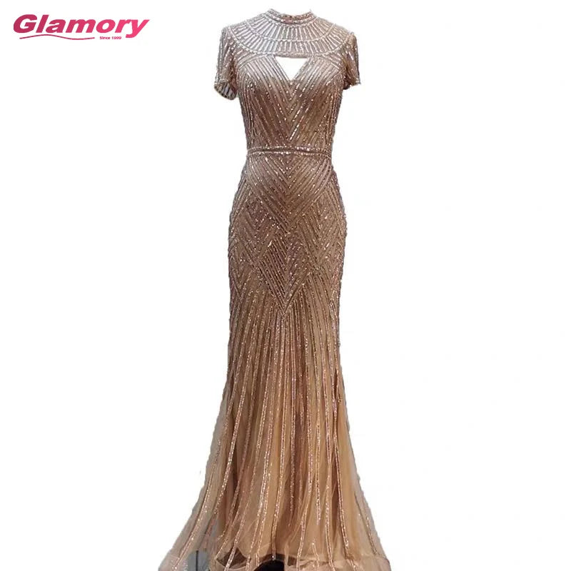 Luxury Beaded Formal Gowns Short Sleeves Trumpet Evening Gown for Muslim Evening Dress