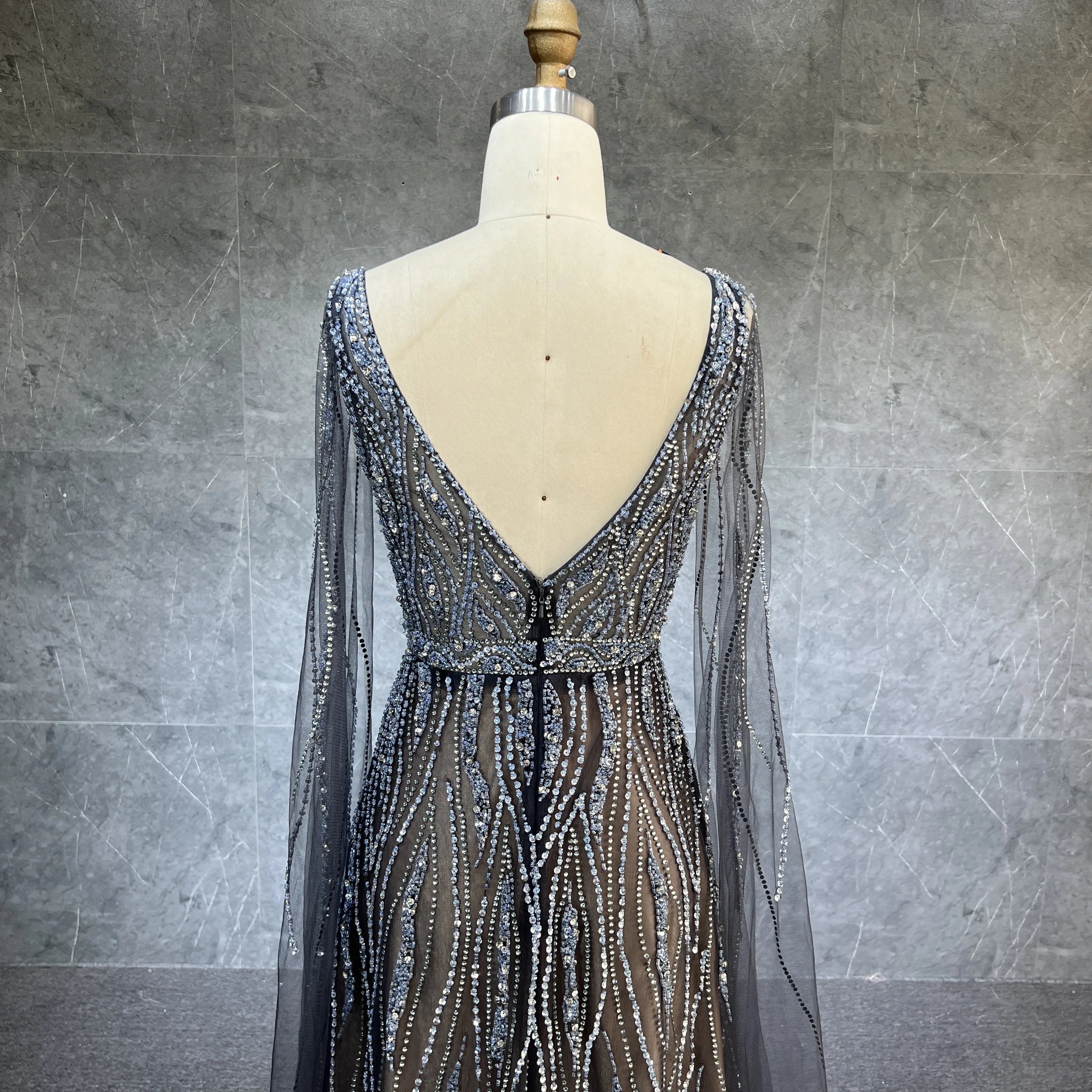 Luxury Dubai Black Arabic Evening Dress With Cape Sleeves Elegant Blue Red  Grey Women Wedding Formal Party Gown