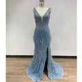 2022 New Handmade Beading Mermaid Evening Dresses With Feathers Sexy Split  Long  Evening Gowns for Women Party