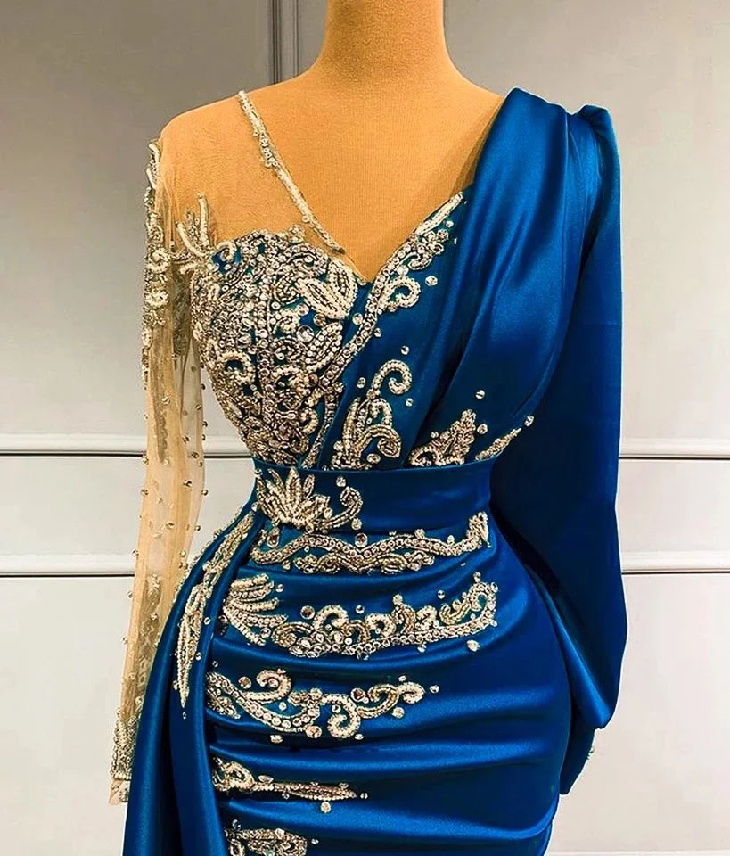 Blue High Quality Mermaid Long Sleeve Satin Evening Dresses Gowns 2022 Beaded Elegant for Women Party Dresses