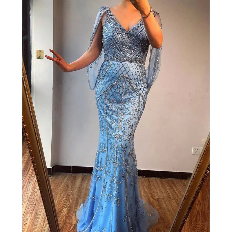 Silver 2020 NEW Design Sexy Hand Made Beading With Drape on Back V-Neck Mermaid Evening Dress
