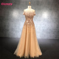 Crystal O-Neck  Beading Prom Short Sleeve Elegant Party Long Gold Evening Dress