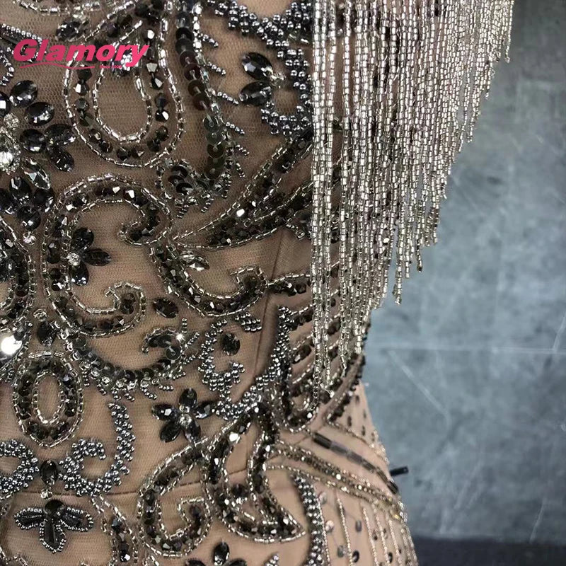 New Arrival 2020 Silver Sexy V Neck Women Party Luxury Crystal Tassel Prom Mermaid Evening Dress Formal Gowns