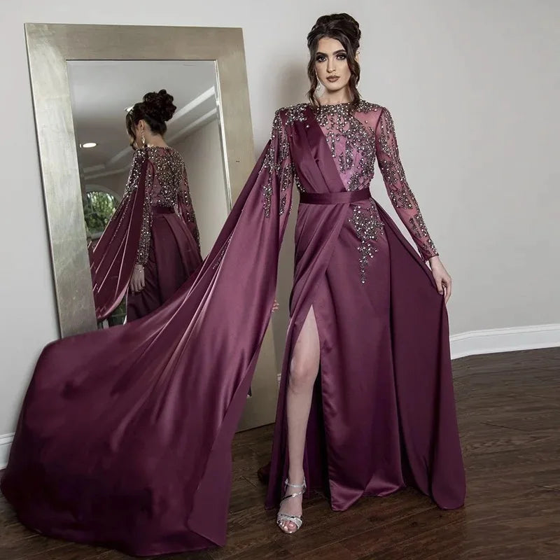 2024 New Arrival Muslim Satin Evening Dresses Purple Formal Party Evening Dresses for Women Luxurious