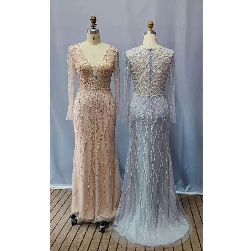 Hot Selling Wholesale Long Sleeve V-neck Beading Evening Prom for Women Evening Dresses