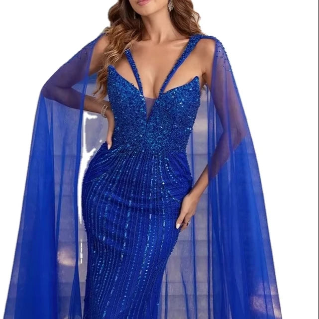 2025 Blue Luxury Dubai Beaded Lace Cape Sleeves Mermaid Evening Gown for Women Wedding Party Dresses