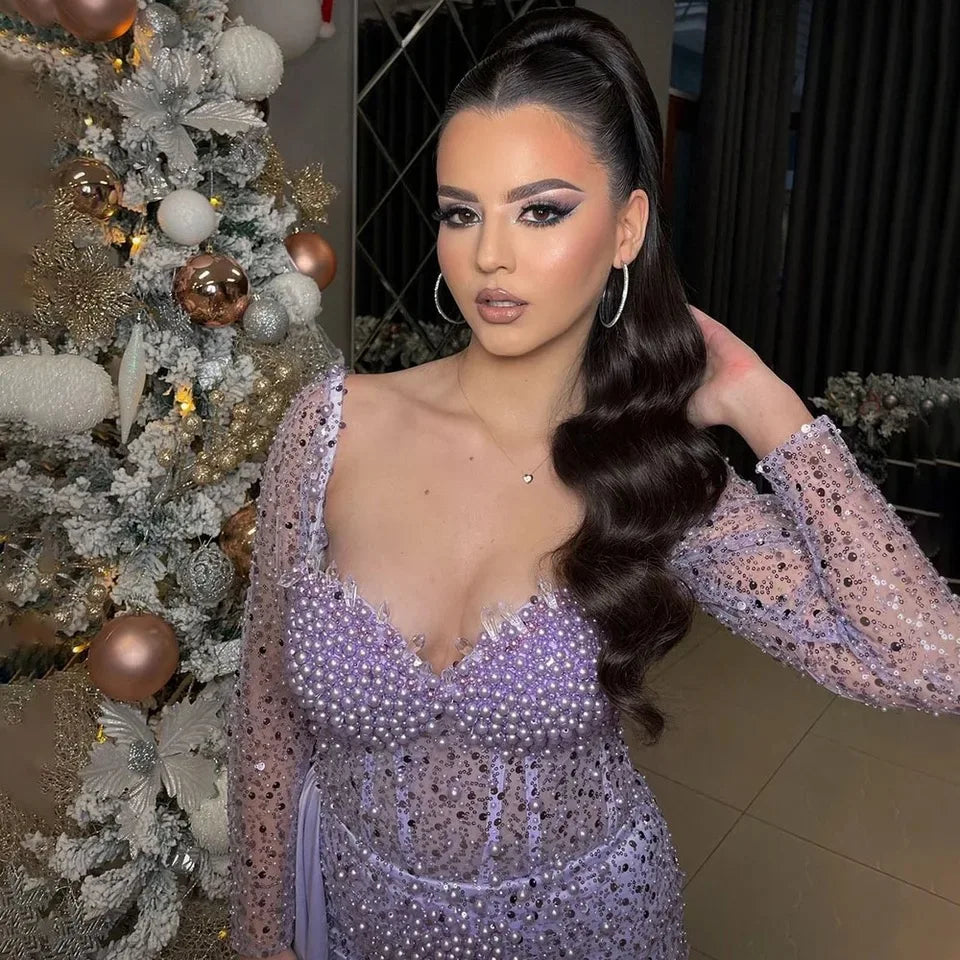 Purple Mermaid Elegant With Overskirt Luxury Pearls Beaded Evening Dresses Gowns for Women Wedding Party