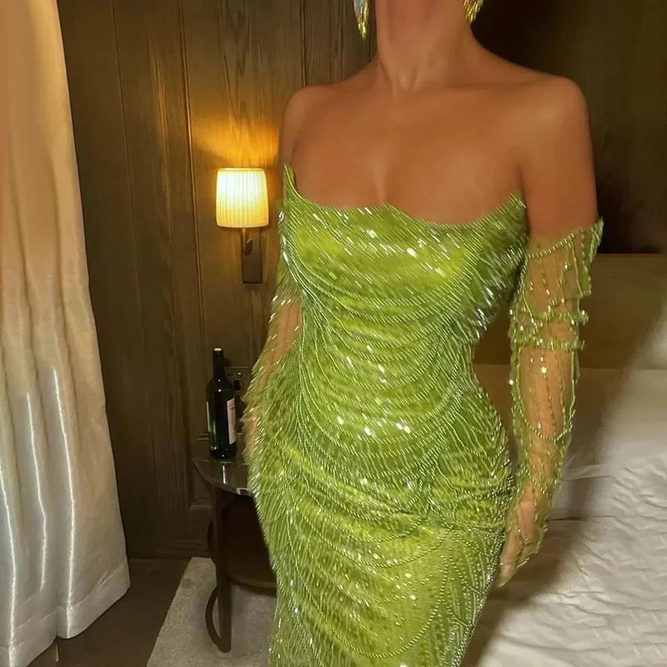Green Strapless 2024 Mermaid Evening Dresses Formal Party Gowns With Gloves for Women Wedding Gowns