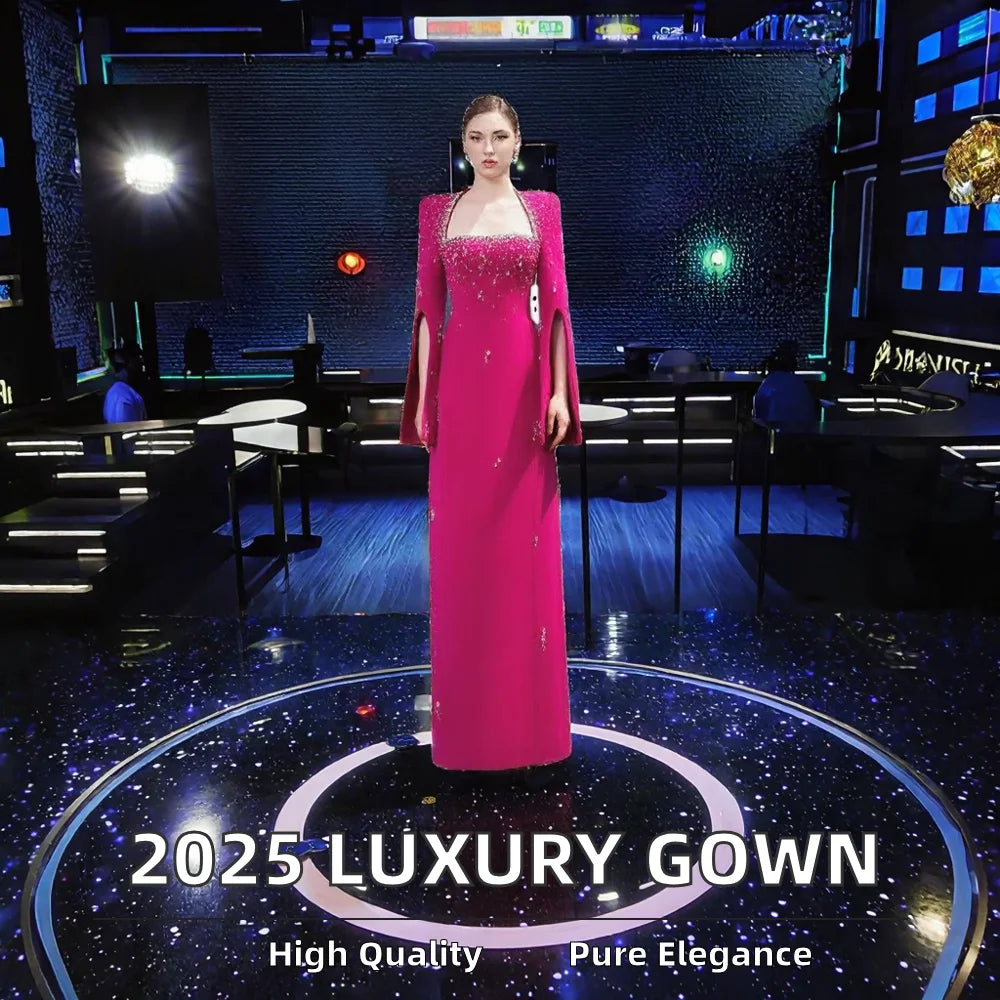 2025 Luxury Women Evening Dresses Gown New Modest Design Rhinestone Beaded Split Half Sleeve Straight Floor-Length Robe Femme