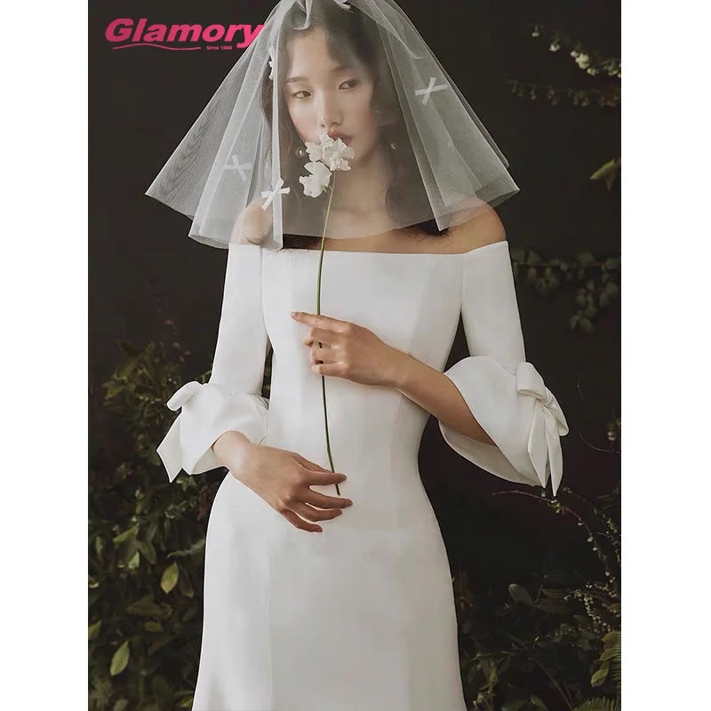 2020 Princess Megan Style Customized Satin Off-Shoulder Fit and Flare Sleeve Mermaid Wedding Dress